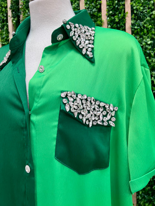 Green Rhinestone Embellished Blouse Dress