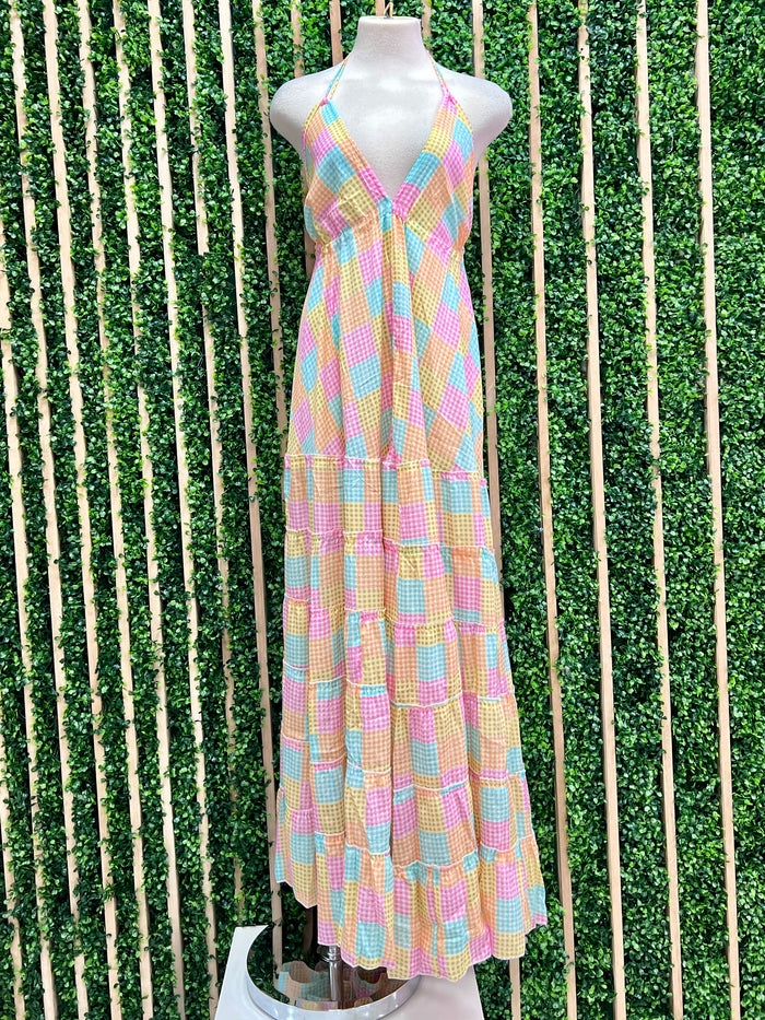 Multi Gingham Patchwork Halter Maxi