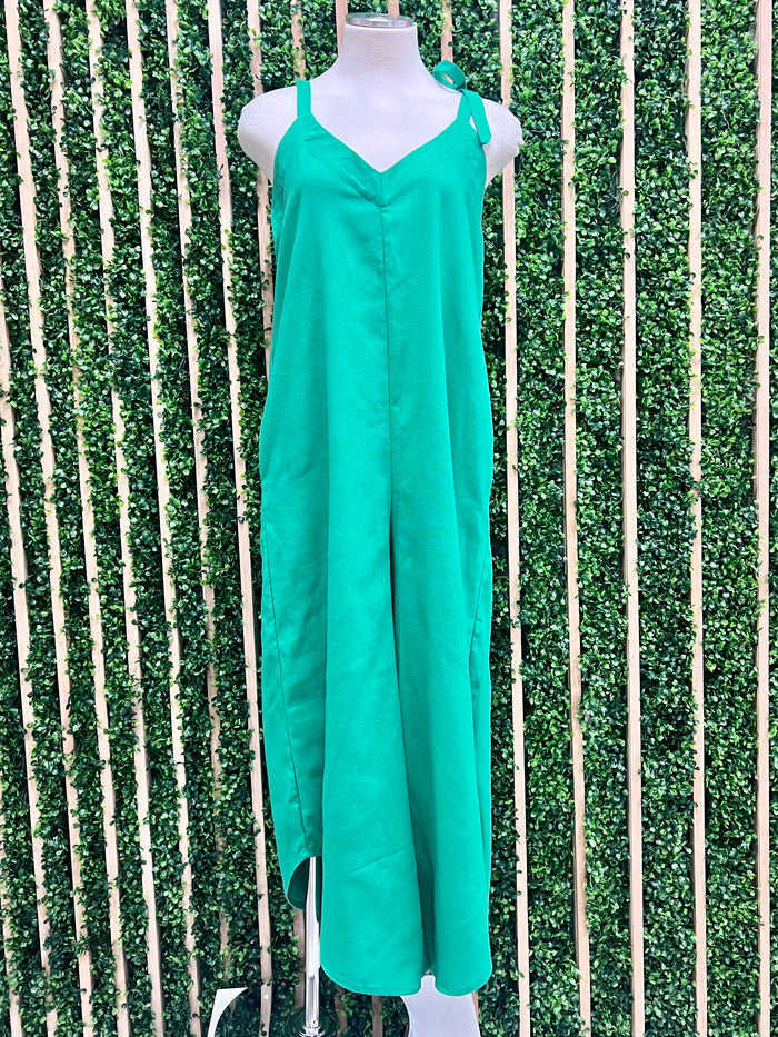 Green Linen Wide Leg Midi Jumpsuit