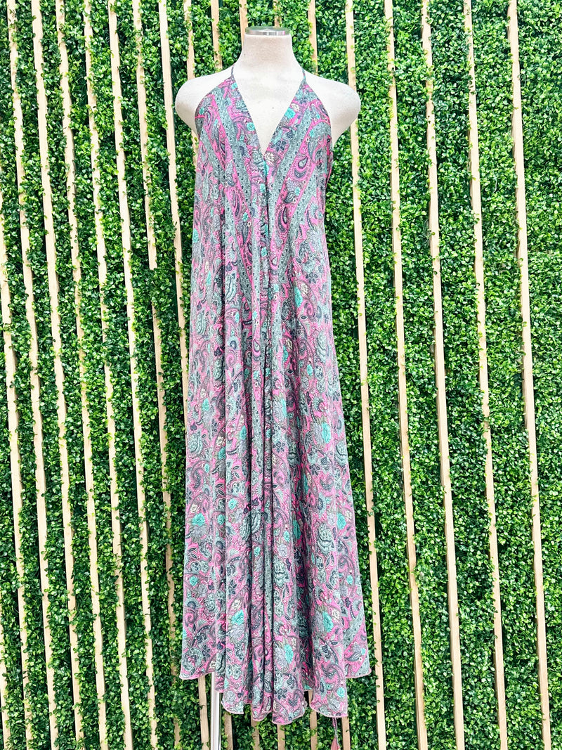 Halter V Neck Wrap Tie Boho Maxi