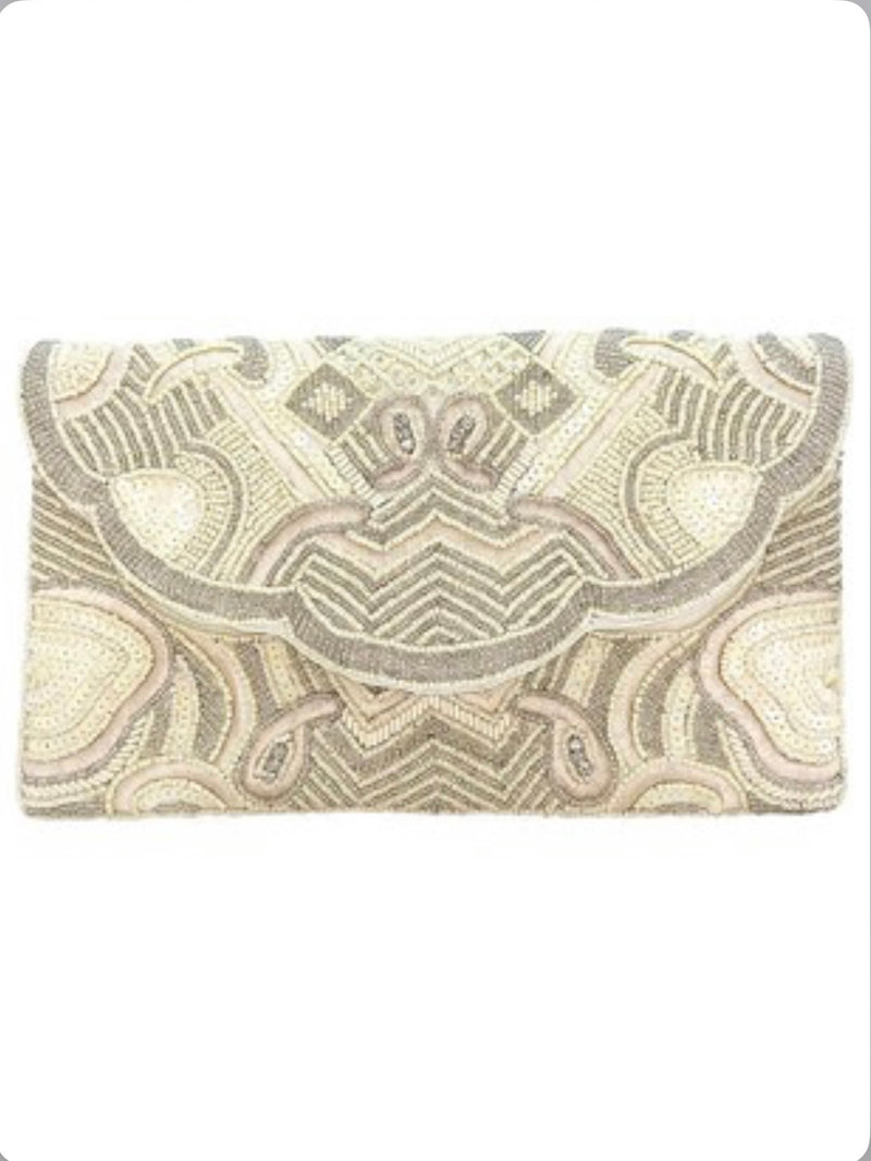 Cream Floral Beaded Clutch