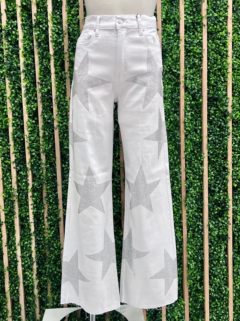 White Rhinestone Star Wide Leg Denim
