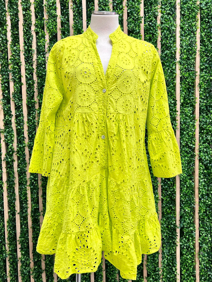 Lime Eyelet Tiered Short Dress