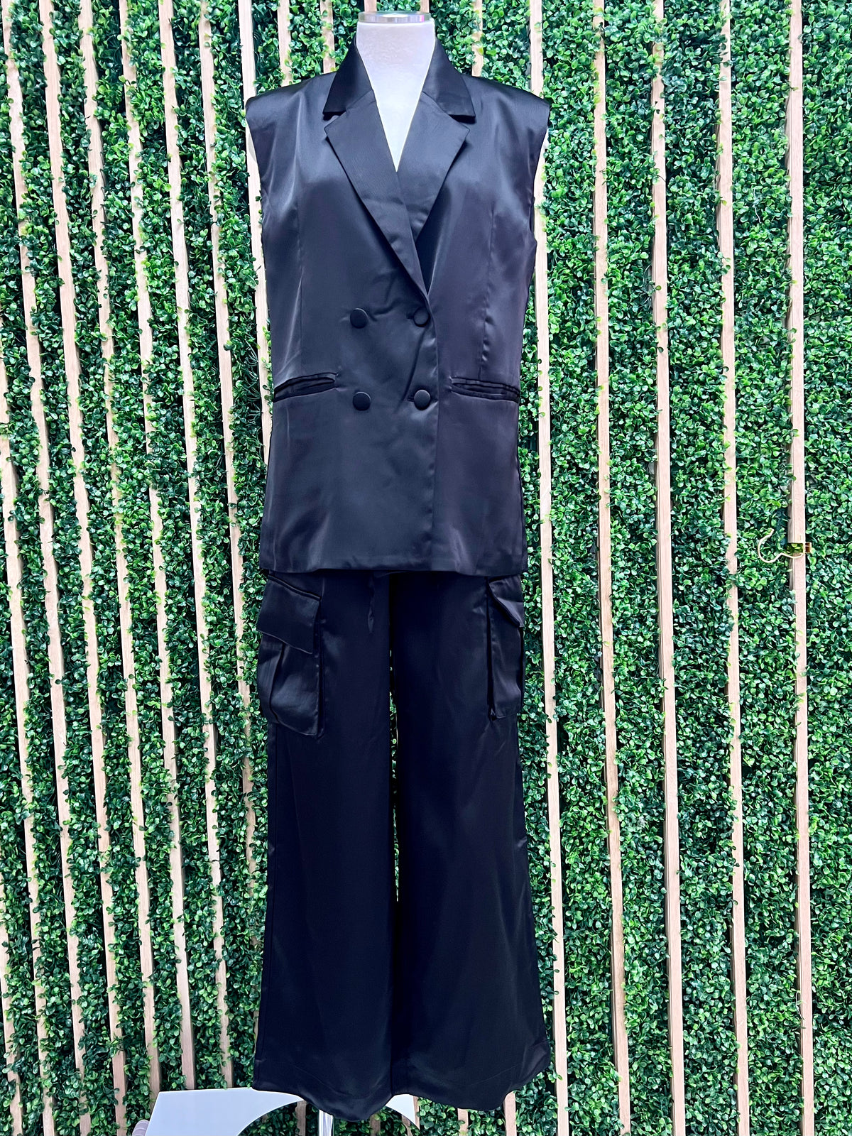 Satin Black Vest Pant Set