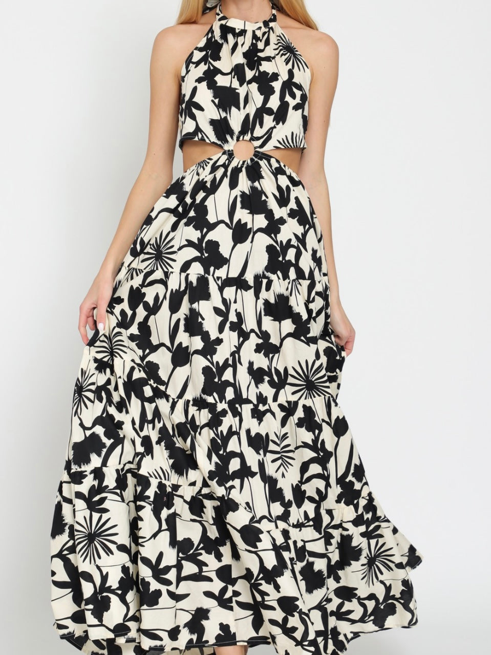 Delicate Black Cream Floral Cutout Maxi