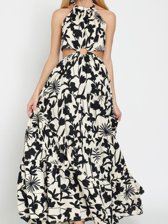 Delicate Black Cream Floral Cutout Maxi