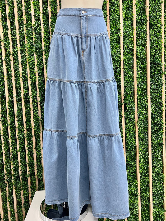Classy Tiered Denim Maxi Skirt