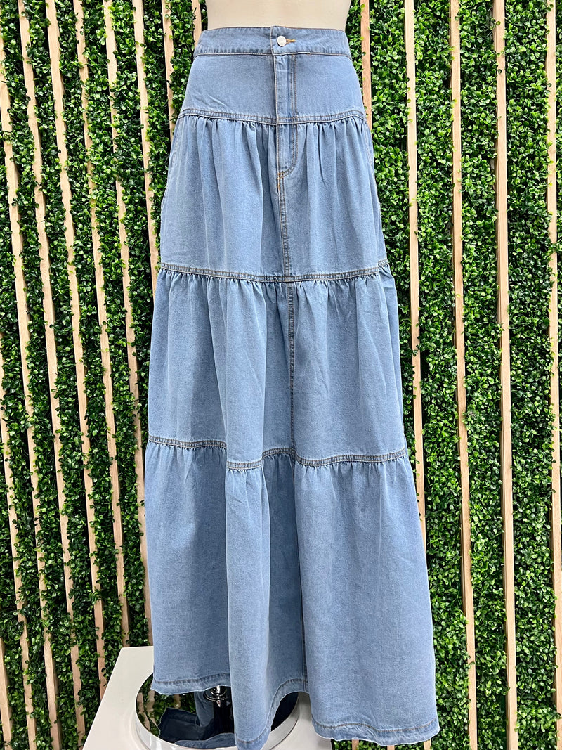 Classy Tiered Denim Maxi Skirt