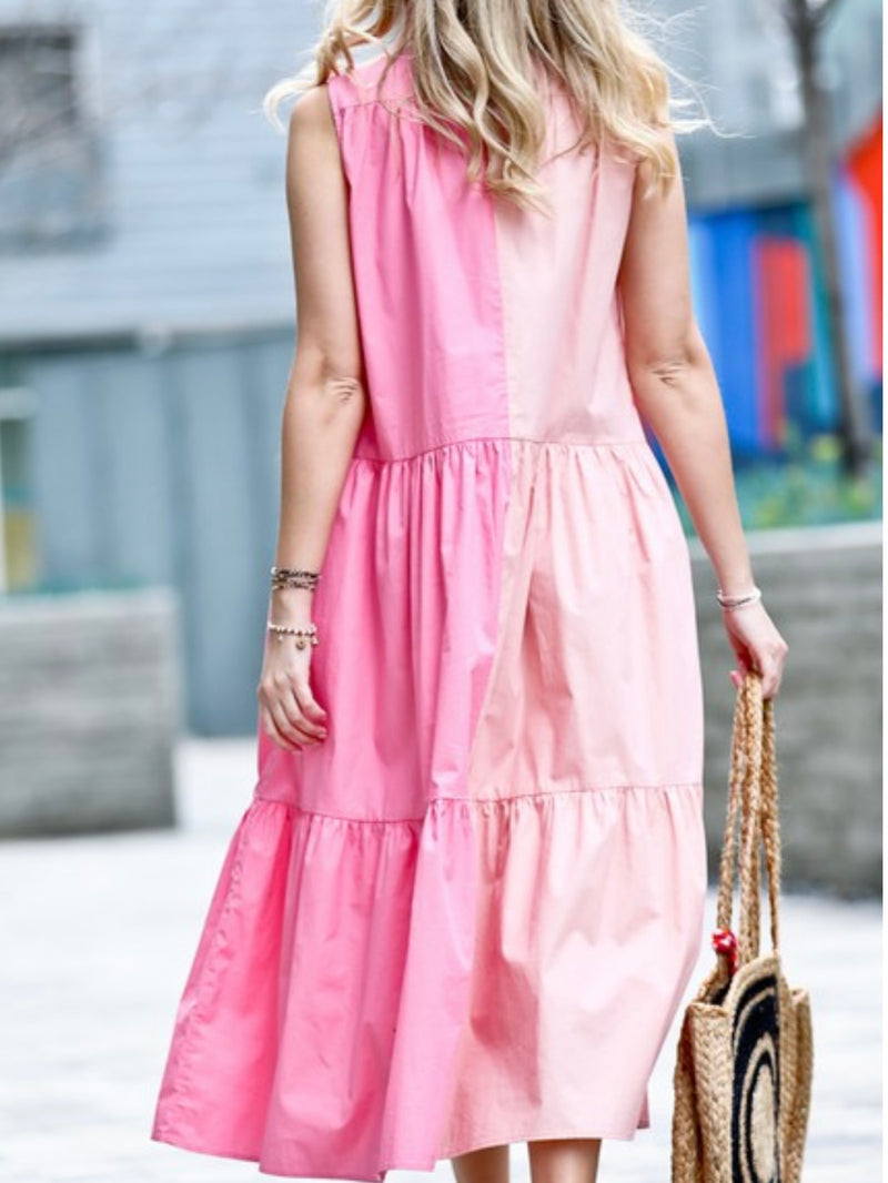 Pink Color Block Ruffle Neck Midi Dress