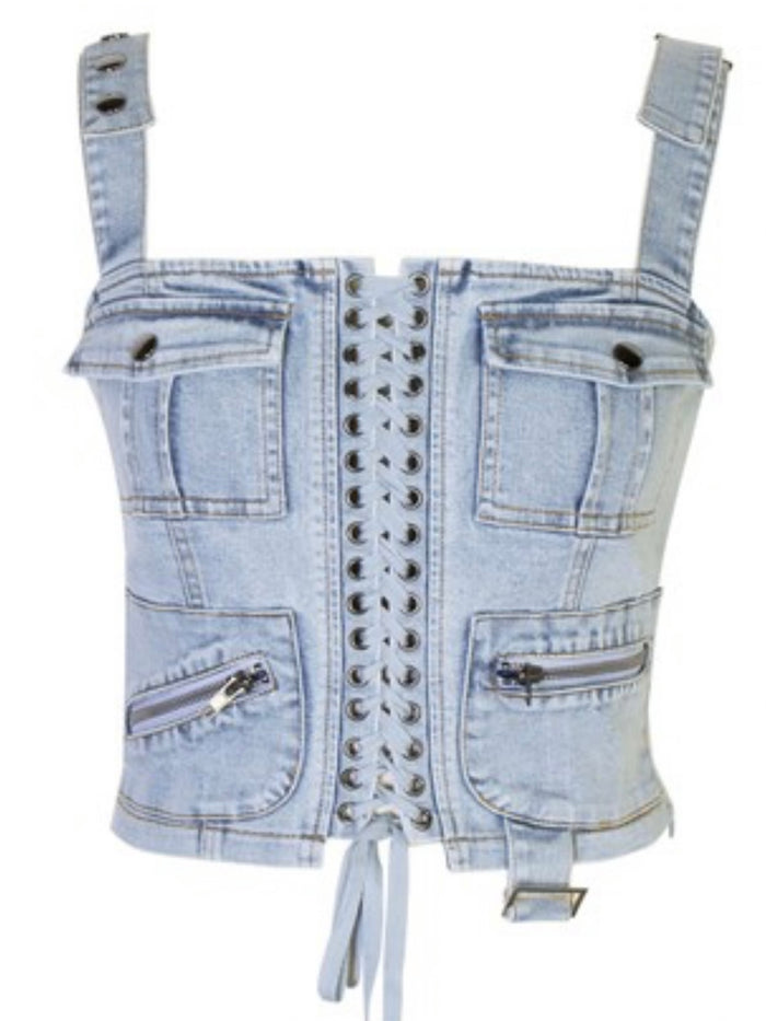 Light Wash Denim Cargo Bustier