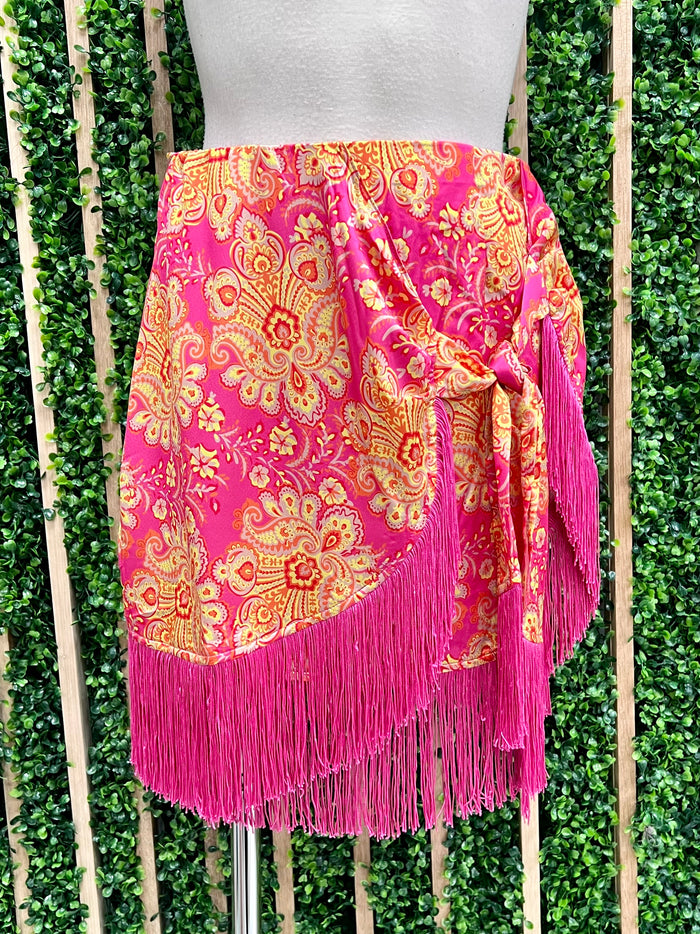 Multi Print Wrap Fringe Skirt