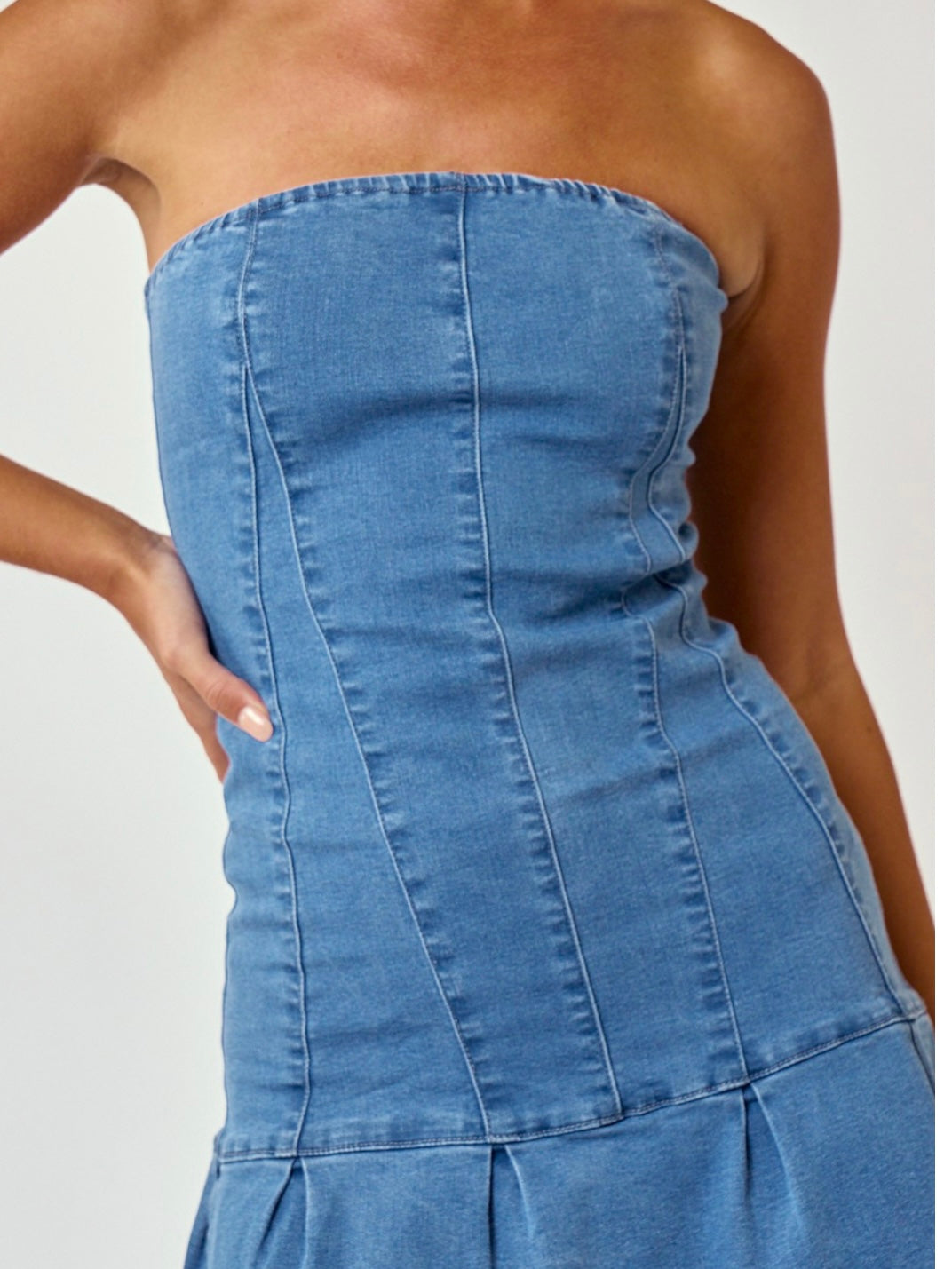 Strapless Ruffled Denim Short Dress