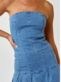 Strapless Ruffled Denim Short Dress
