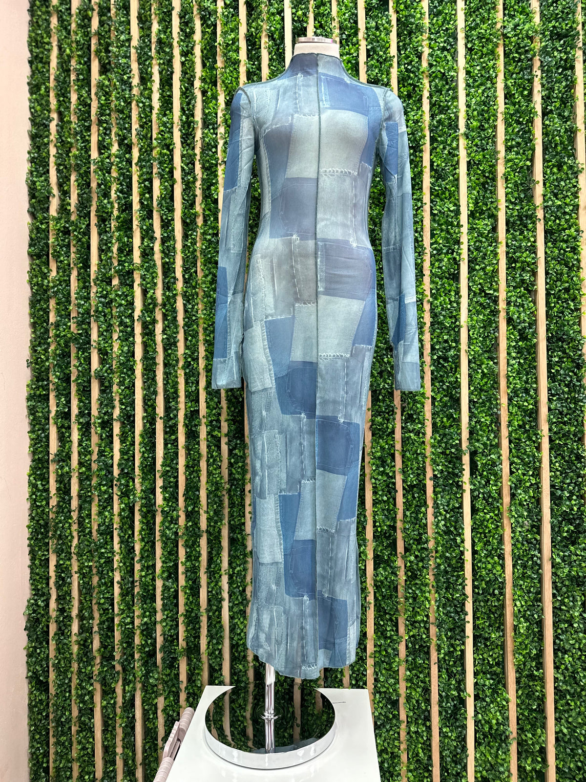 Denim Block Print Mesh Maxi Dress