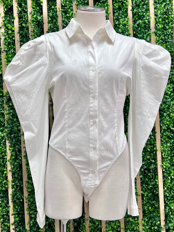 Off White Balloon Sleeve Button Down Blouse Bodysuit