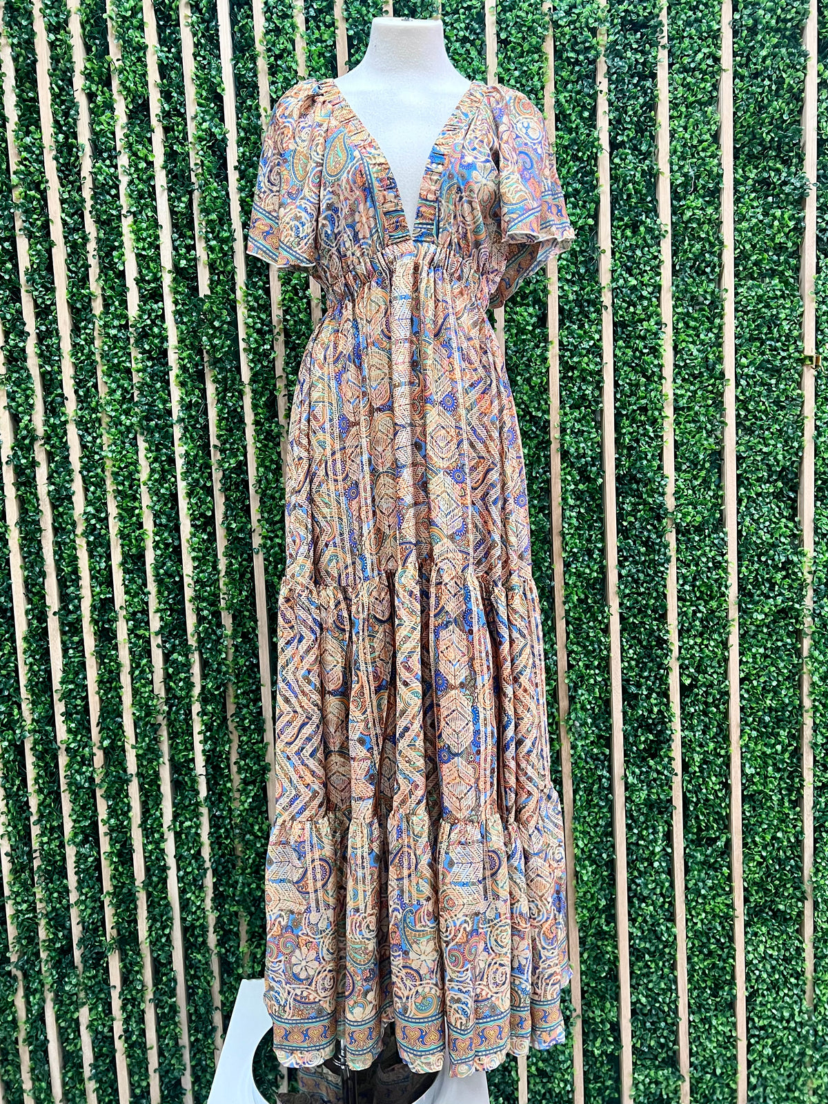 Beautiful Paisley V Neck Ruffled Maxi Dress