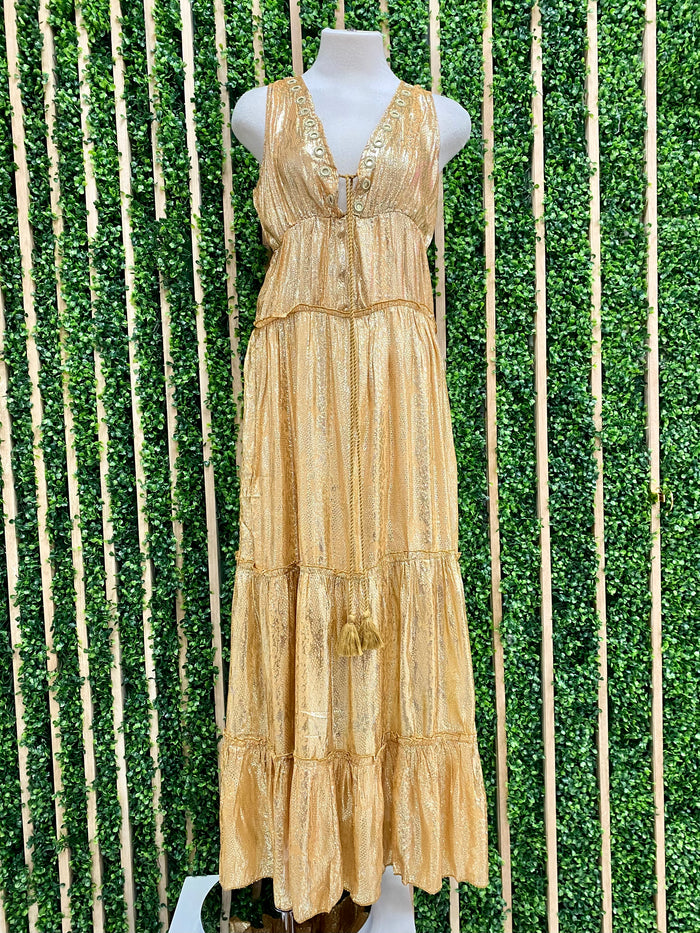 Exquisite Gold Mirror Detail V Neck Maxi