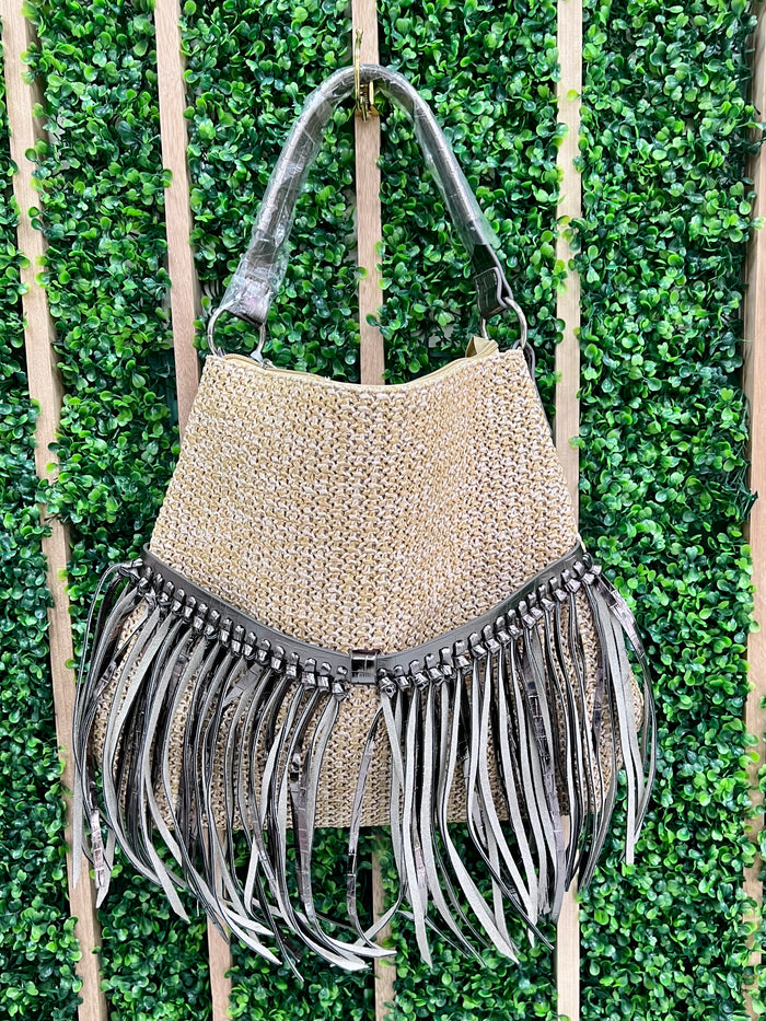 Raffia Metallic Fringe Hobo Bag