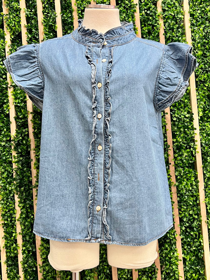 Ruffled Sleeveless Button Down Denim Blouse