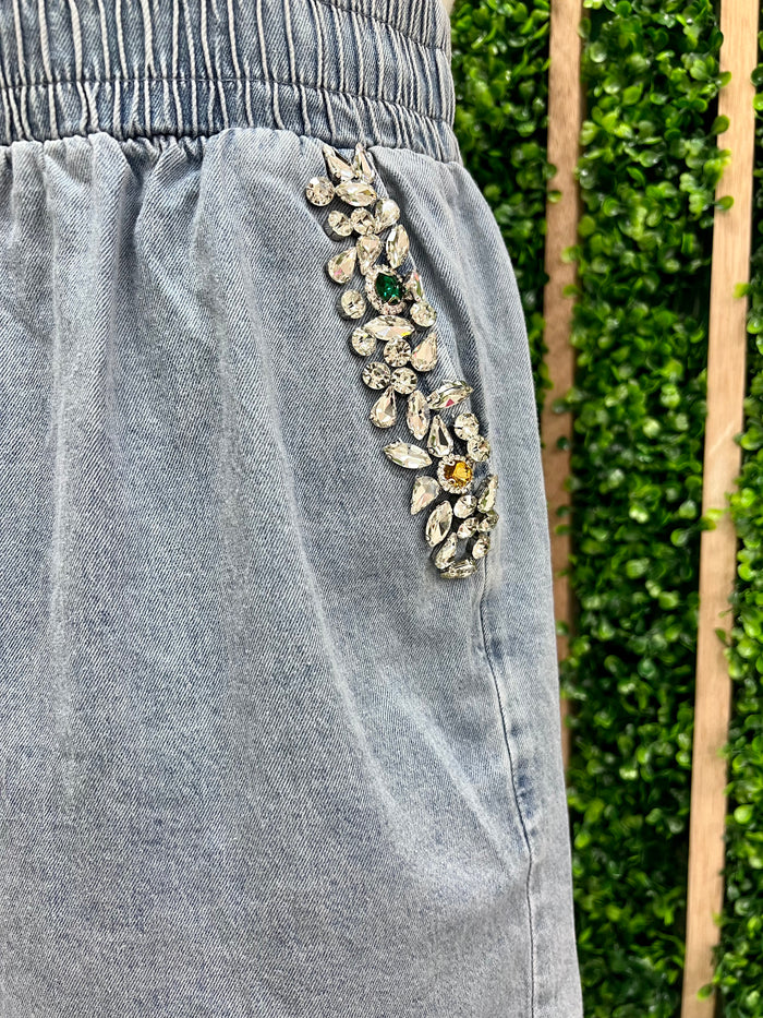 Rhinestone Embellished Denim Short