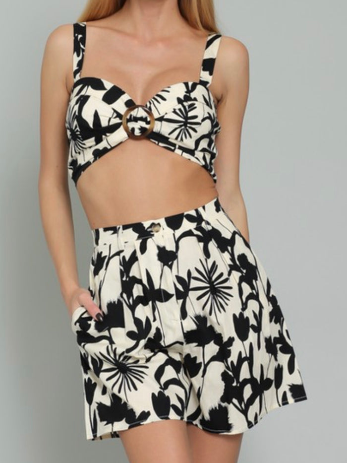 White Black Floral Short Pant Set