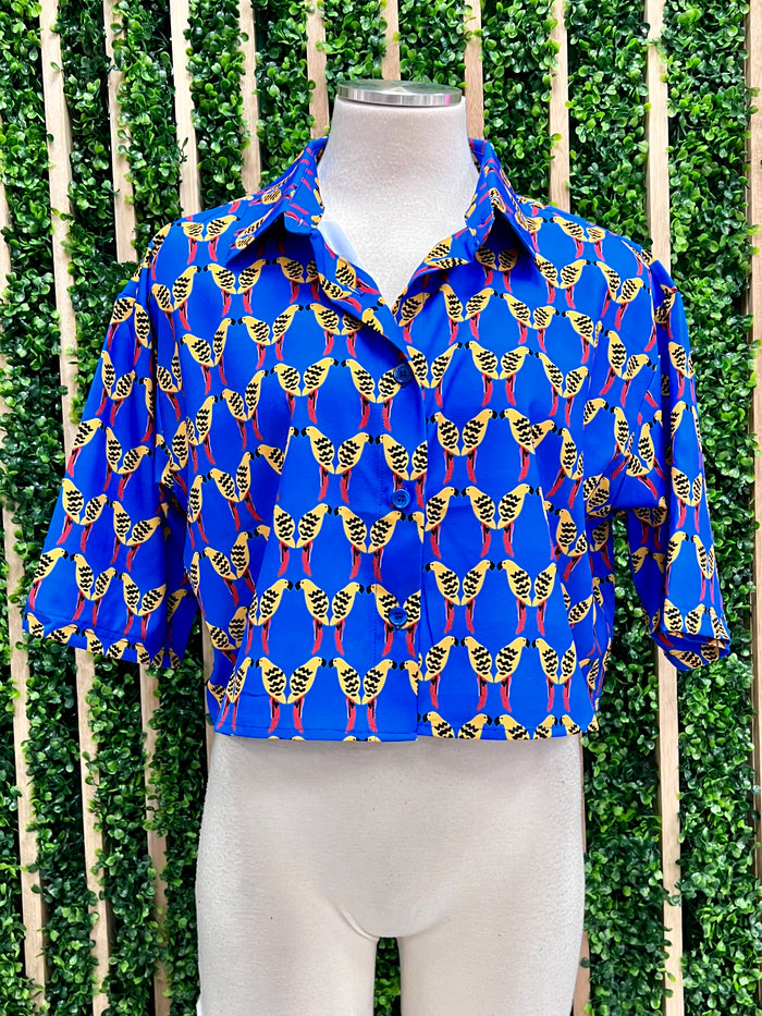 Blue Bird Print Crop Top