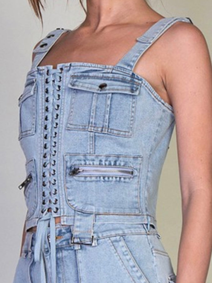 Light Wash Denim Cargo Bustier