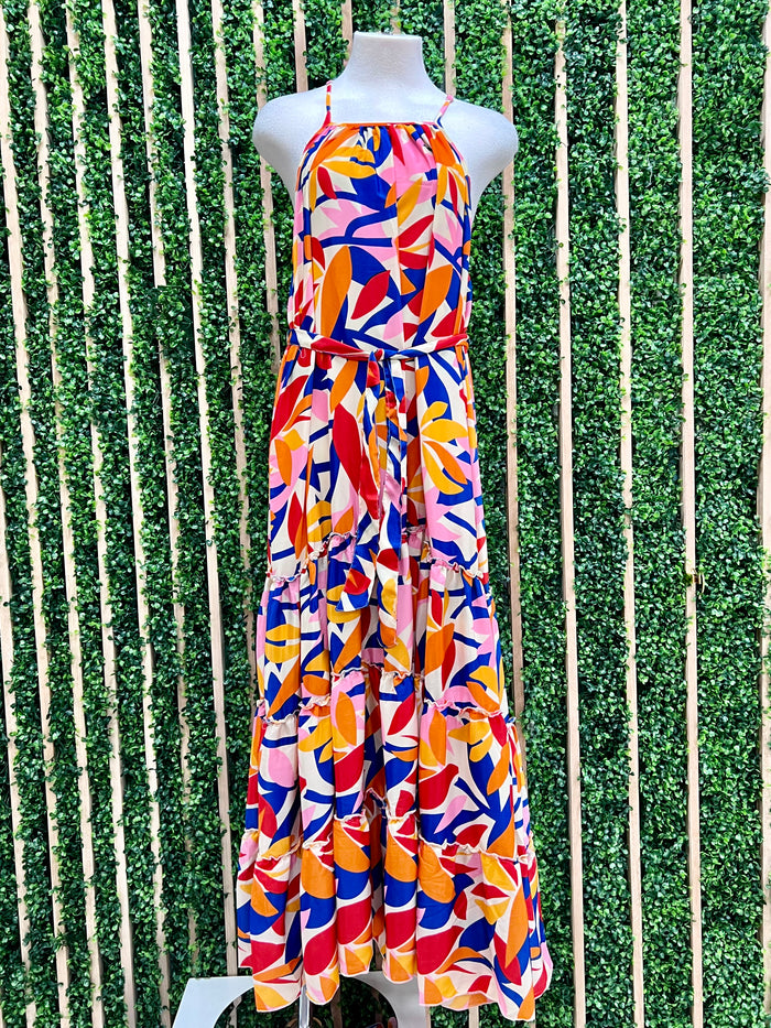 Orange Blue Print Tiered Maxi Dress