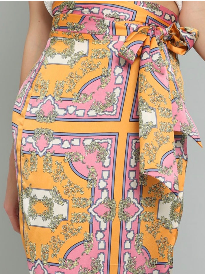 Tangerine Pink Wrap Midi Skirt