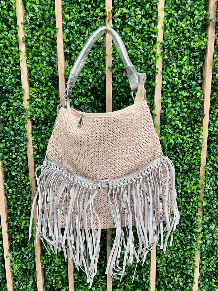Raffia Metallic Fringe Hobo Bag