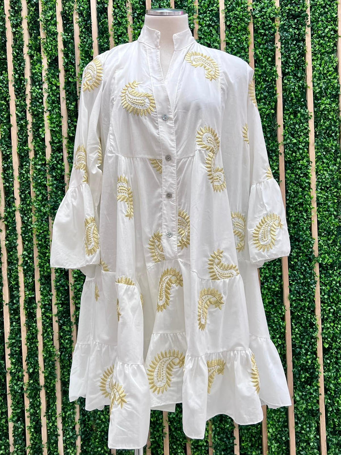 Gold Paisley Embroidered Tiered Short Dress