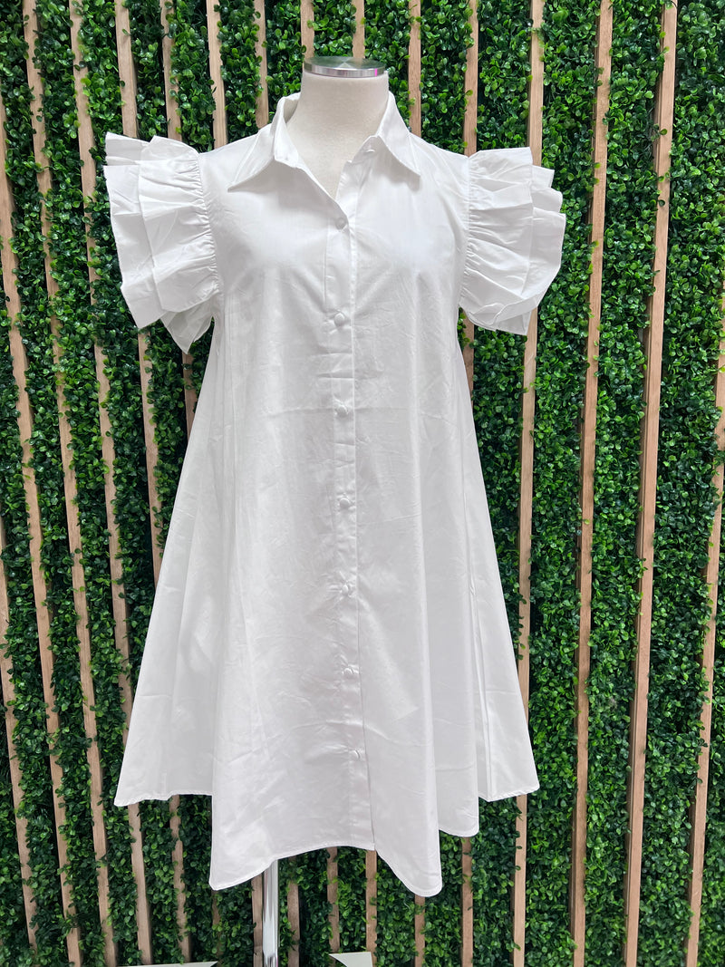 White Ruffle Shoulder Cap Button Down Dress