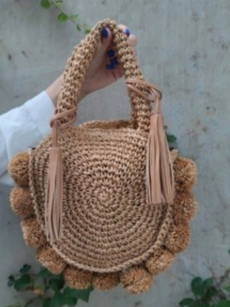 Beige Pom Pom Crossbody