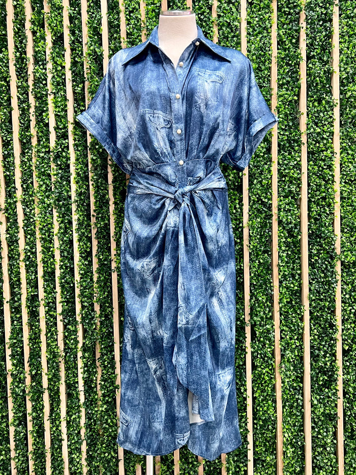 Illusion Denim Print Button Down Dress