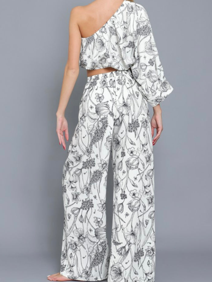 Ivory Black Floral One Shoulder Pant Set