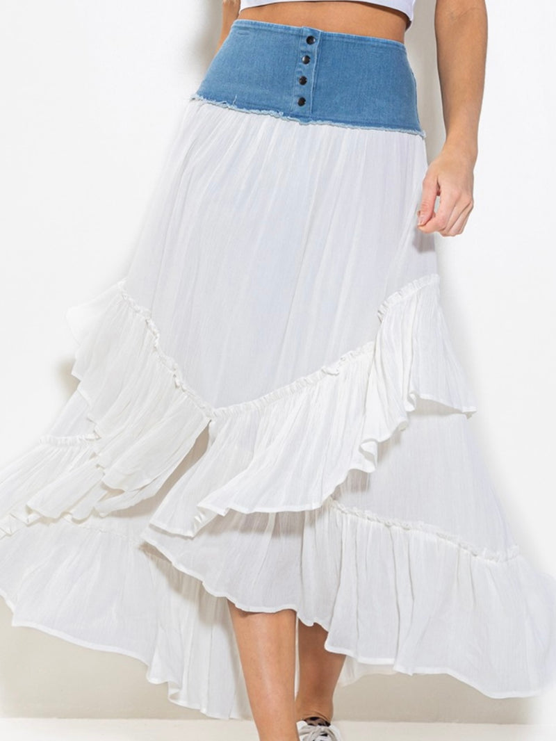 Denim Contrast Gauze Maxi Skirt