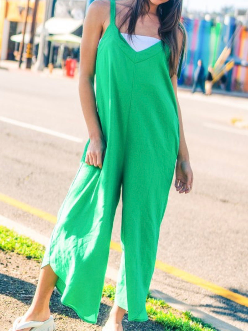 Green Linen Wide Leg Midi Jumpsuit