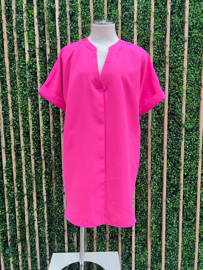 Hot Pink V Neck Short Sleeve Dress