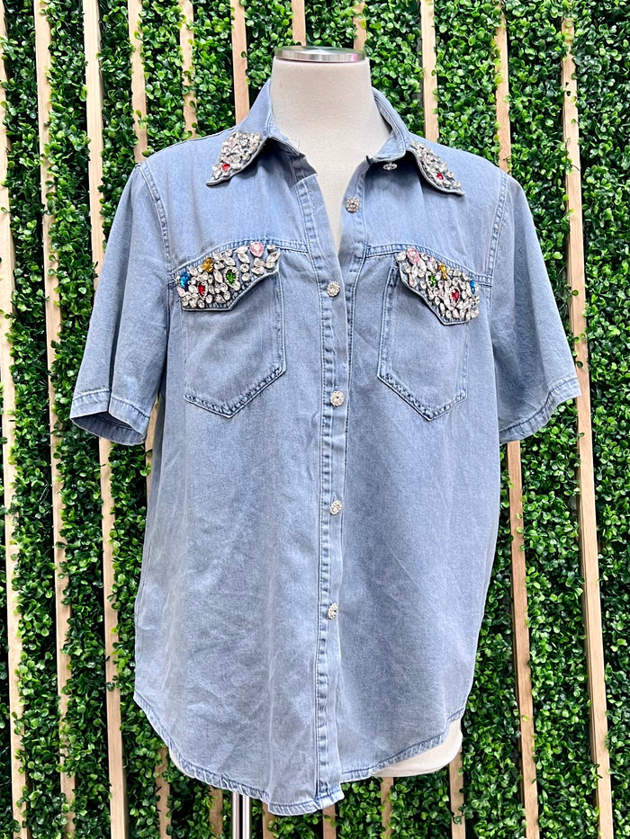 Rhinestone Embellished Denim Blouse