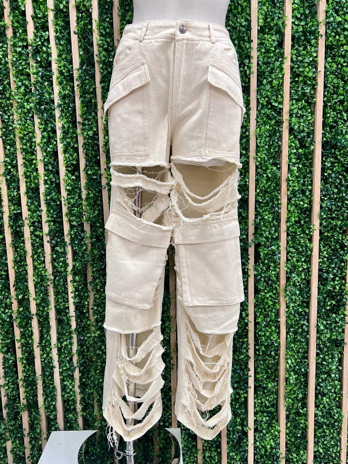 Beige Distressed Cargo Jogger