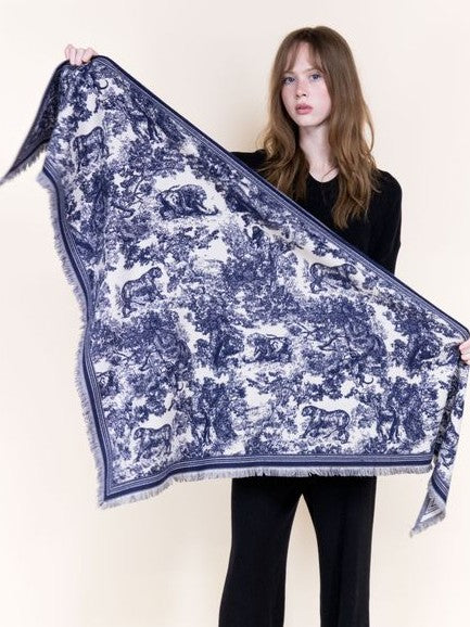 Beautiful Toile Countryside Print Fringe Pashmina Scarf