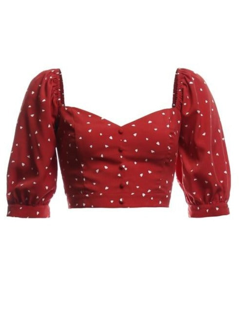 Red Hearts Puff Sleeve Crop Top