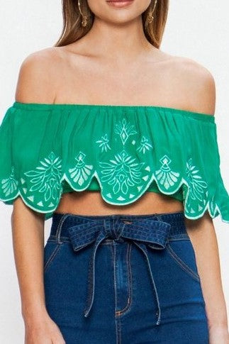 Green Embroidered Crop Top