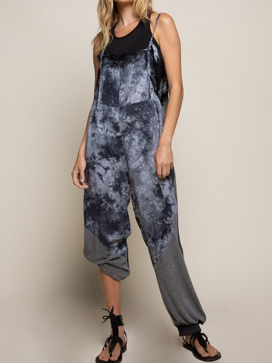 Blue Tie Dye Color Block Jogger Jumpsuit