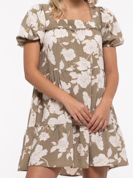 Floral Square Neckline Short Dress