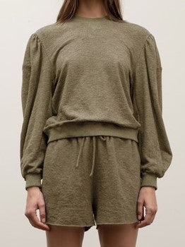 Olive Puff Sleeve Knit Short Set