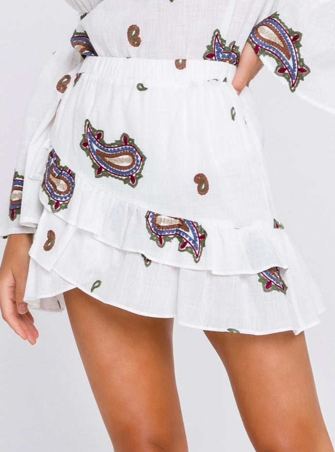 Paisley Embroidered Ruffled Mini Skirt