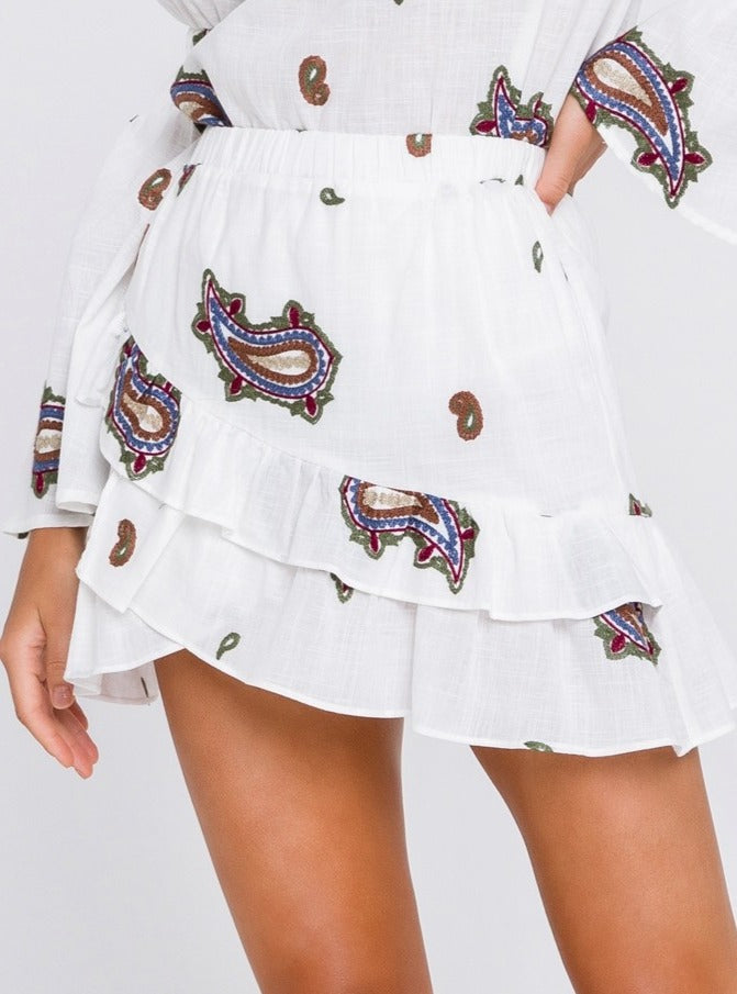 Paisley Embroidered Ruffled Mini Skirt