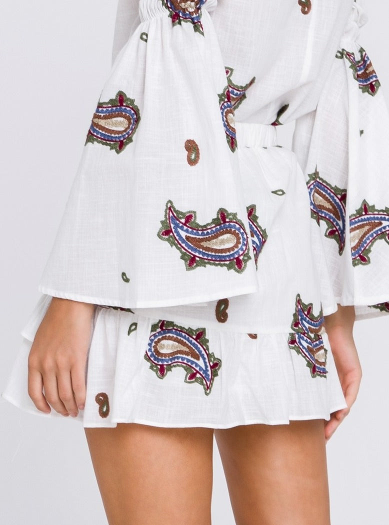 Paisley Embroidered Ruffled Mini Skirt