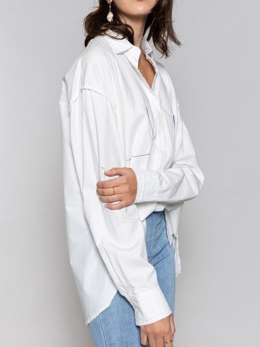Denim Detail Button Down Blouse